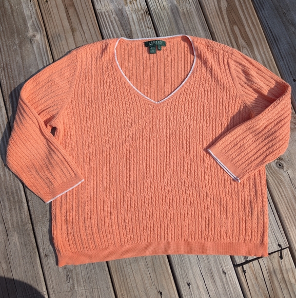 Lauren Ralph Lauren Sweater Cable Knit Size L Orange Peach Short Sleeves - Picture 1 of 7